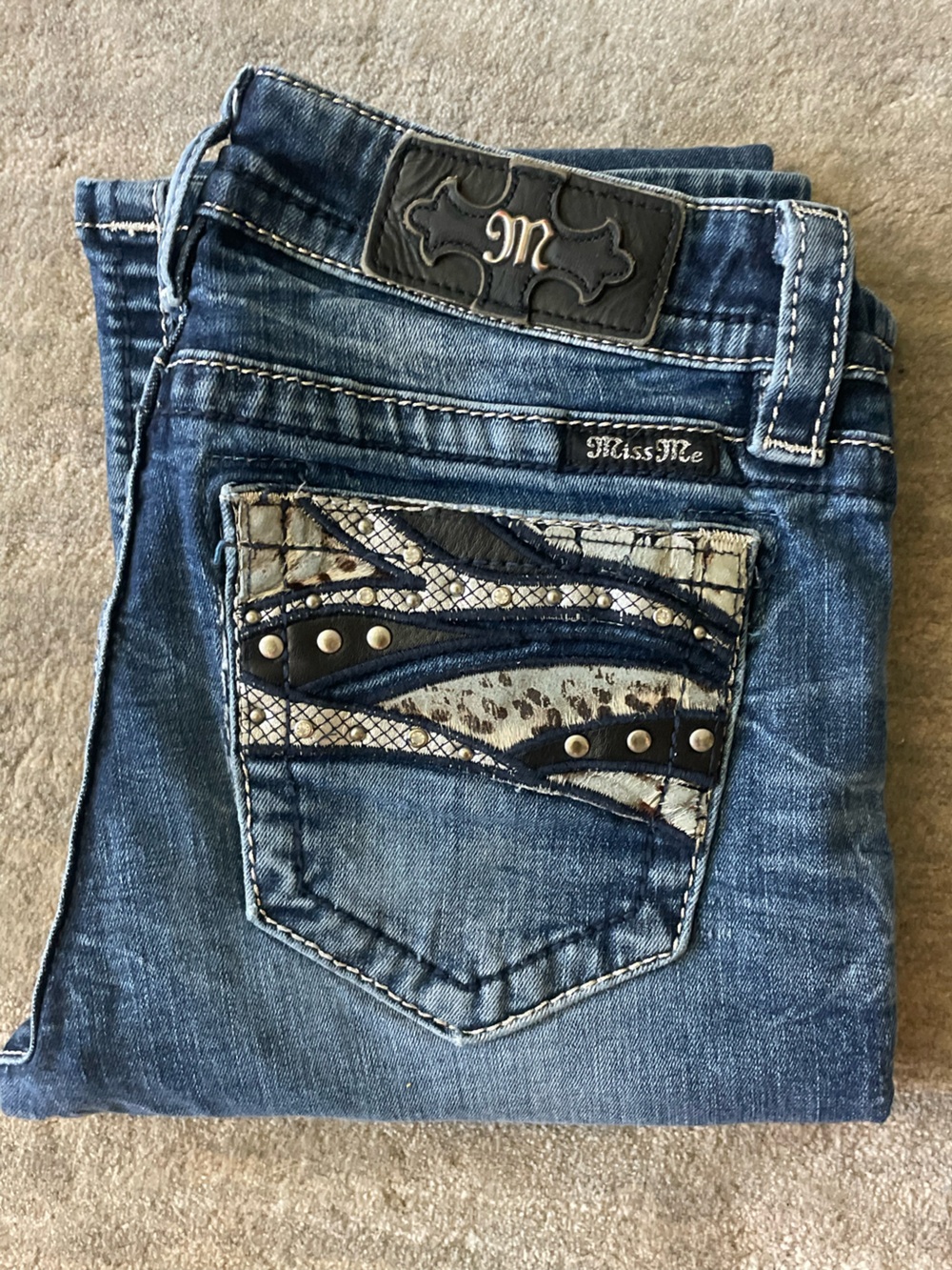 Miss Me Studded Snake Cheetah Patchwork Pocket Bootcut Jeans Sz 27